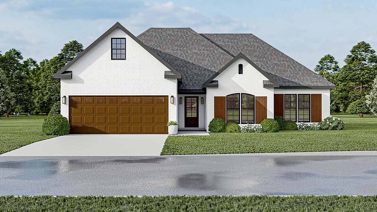 European, Southern, Traditional Plan with 1640 Sq. Ft., 3 Bedrooms, 2 Bathrooms, 2 Car Garage Elevation