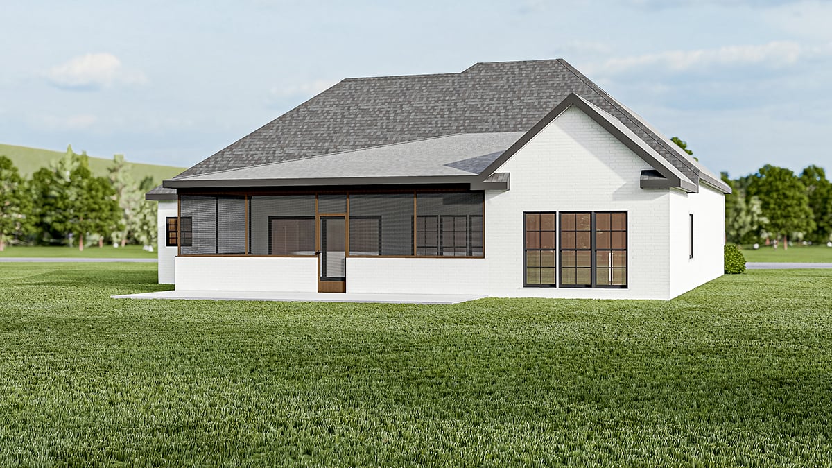 European, Southern, Traditional Plan with 1640 Sq. Ft., 3 Bedrooms, 2 Bathrooms, 2 Car Garage Rear Elevation
