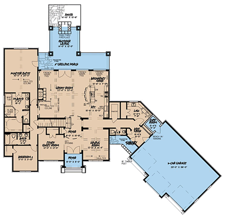 Country, European, French Country House Plan 82458 with 4 Beds, 4 Baths, 3 Car Garage First Level Plan