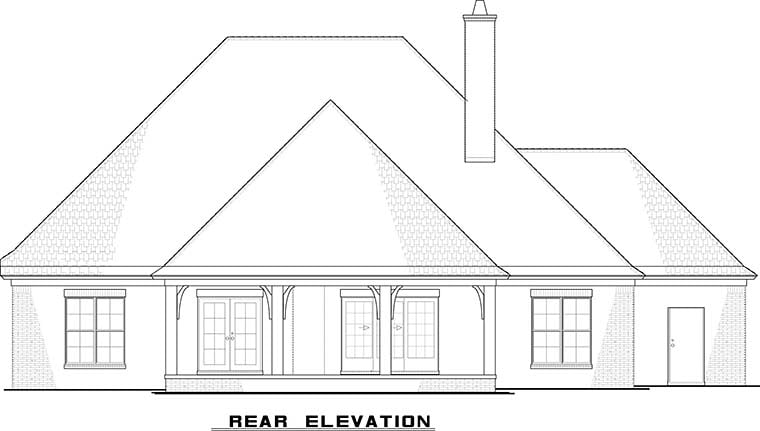 European, French Country Plan with 2381 Sq. Ft., 3 Bedrooms, 2 Bathrooms, 3 Car Garage Rear Elevation