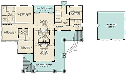 Contemporary, Mediterranean, Modern House Plan 82480 with 4 Beds, 2 Baths, 2 Car Garage First Level Plan