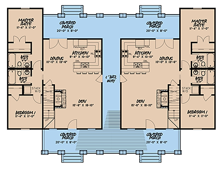 Bungalow, Country, Craftsman, Farmhouse Multi-Family Plan 82524 with 4 Beds, 3 Baths First Level Plan