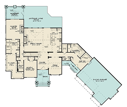 Country, Farmhouse House Plan 82531 with 5 Beds, 6 Baths, 3 Car Garage First Level Plan