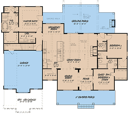Bungalow, Country, Craftsman, Farmhouse House Plan 82533 with 3 Beds, 3 Baths, 2 Car Garage First Level Plan
