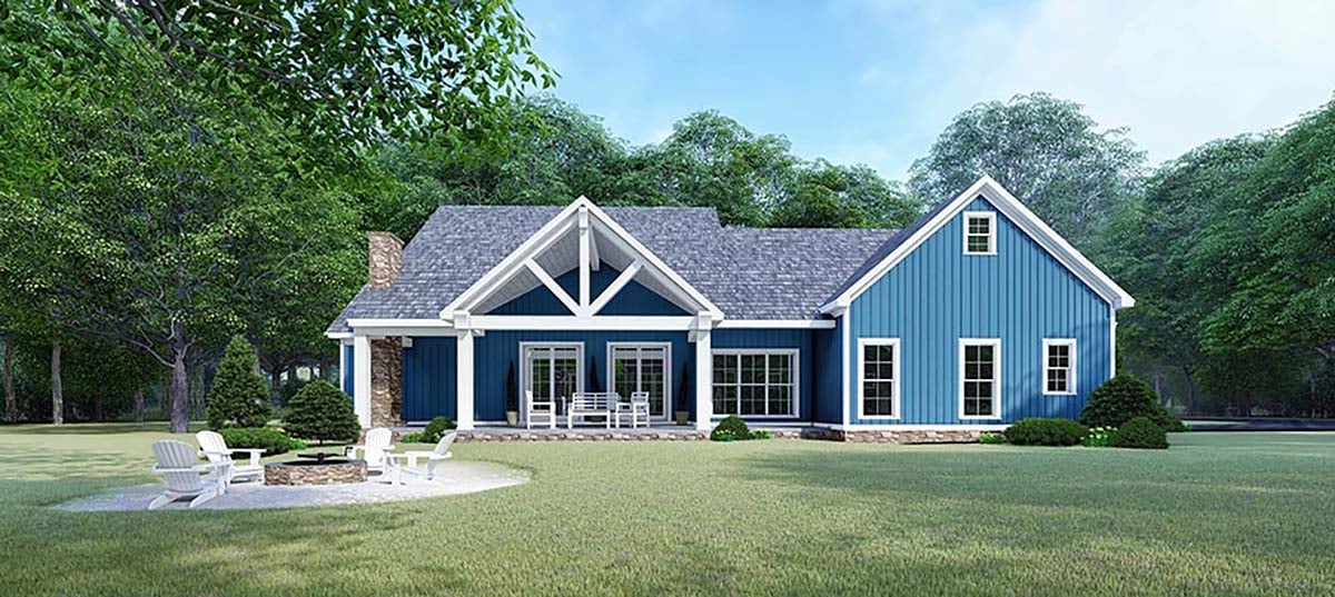Bungalow, Country, Craftsman, Farmhouse Plan with 2031 Sq. Ft., 3 Bedrooms, 3 Bathrooms, 2 Car Garage Rear Elevation