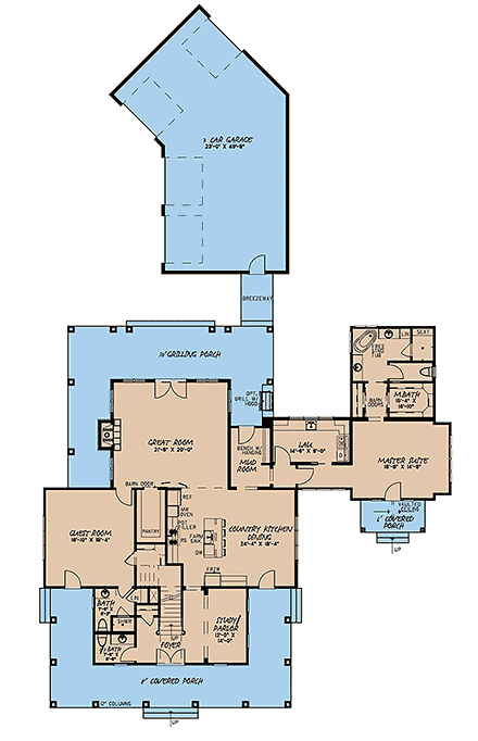 Bungalow, Country, Craftsman, Farmhouse House Plan 82537 with 6 Beds, 5 Baths, 3 Car Garage First Level Plan