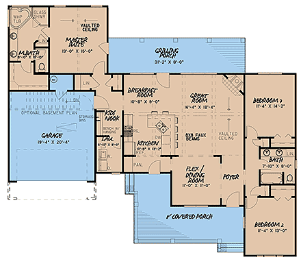 Country, Farmhouse, One-Story House Plan 82544 with 3 Beds, 2 Baths, 2 Car Garage First Level Plan