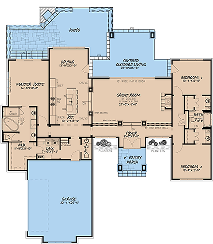 Contemporary, One-Story, Prairie House Plan 82559 with 3 Beds, 3 Baths, 2 Car Garage First Level Plan