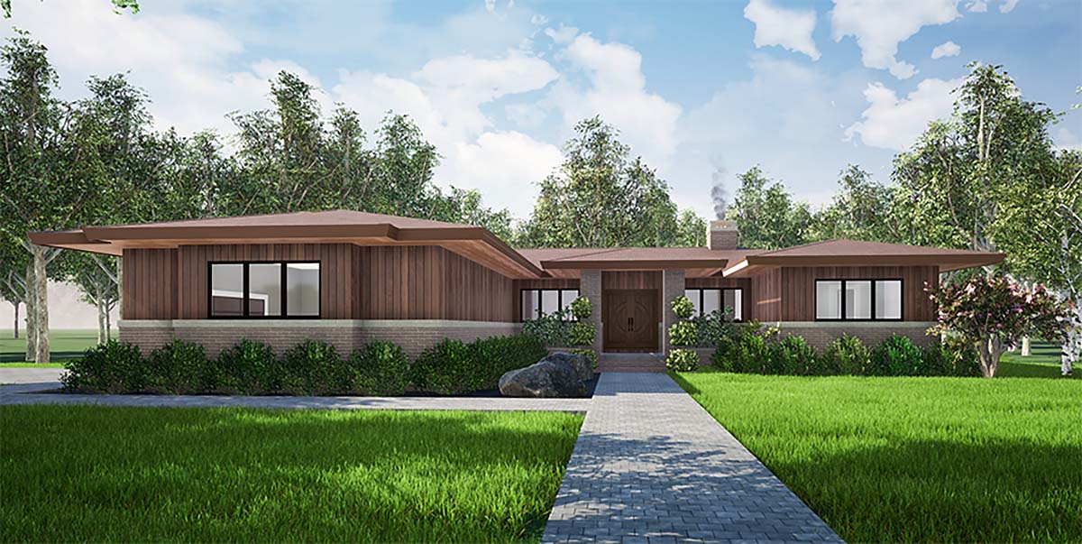 Contemporary, One-Story, Prairie Style Plan with 2344 Sq. Ft., 3 Bedrooms, 3 Bathrooms, 2 Car Garage Elevation