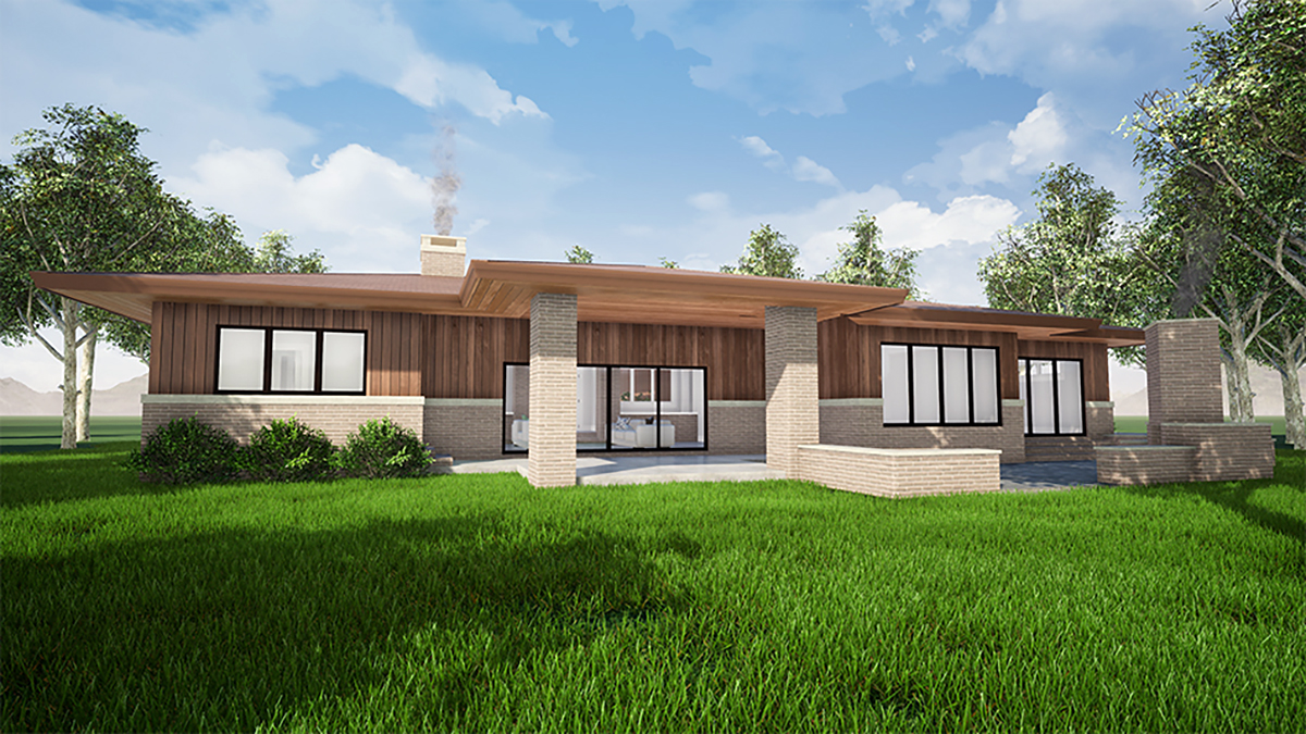 Contemporary, One-Story, Prairie Style Plan with 2344 Sq. Ft., 3 Bedrooms, 3 Bathrooms, 2 Car Garage Rear Elevation