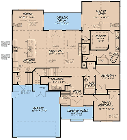 Bungalow, Craftsman, Farmhouse, Narrow Lot, One-Story, Traditional House Plan 82562 with 3 Beds, 3 Baths, 2 Car Garage First Level Plan
