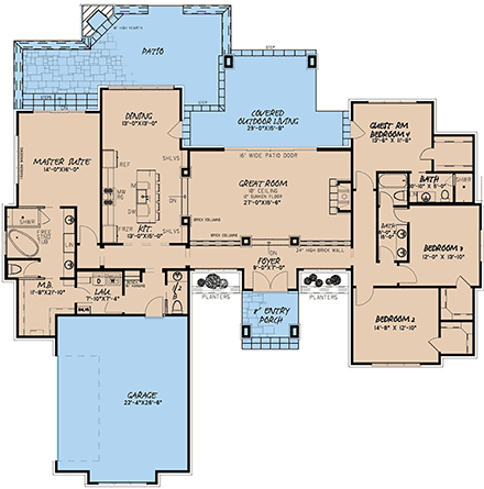 Contemporary, Prairie House Plan 82567 with 4 Beds, 4 Baths, 2 Car Garage First Level Plan