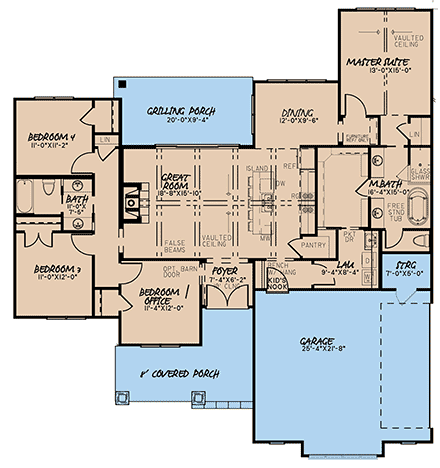 Bungalow, Craftsman, Farmhouse House Plan 82568 with 4 Beds, 2 Baths, 2 Car Garage First Level Plan
