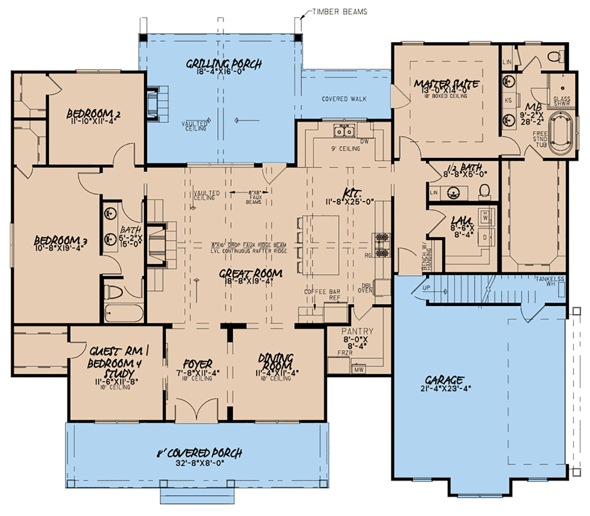 Bungalow, Craftsman, Farmhouse House Plan 82577 with 4 Beds, 3 Baths, 2 Car Garage Level One