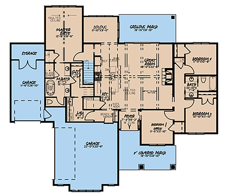 Bungalow, Craftsman, Farmhouse House Plan 82584 with 4 Beds, 3 Baths, 3 Car Garage First Level Plan