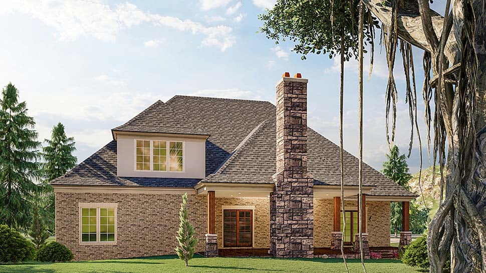 European, French Country, Traditional Plan with 3050 Sq. Ft., 3 Bedrooms, 4 Bathrooms, 2 Car Garage Rear Elevation