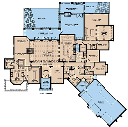 Contemporary, European, Mediterranean, Tuscan House Plan 82607 with 3 Beds, 5 Baths, 3 Car Garage First Level Plan