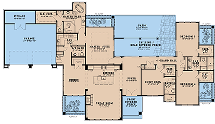 Contemporary, Mediterranean, Prairie House Plan 82608 with 4 Beds, 4 Baths, 2 Car Garage First Level Plan