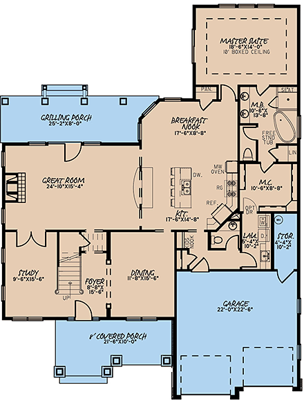 Bungalow, Craftsman, European, Traditional House Plan 82629 with 3 Beds, 4 Baths, 2 Car Garage First Level Plan