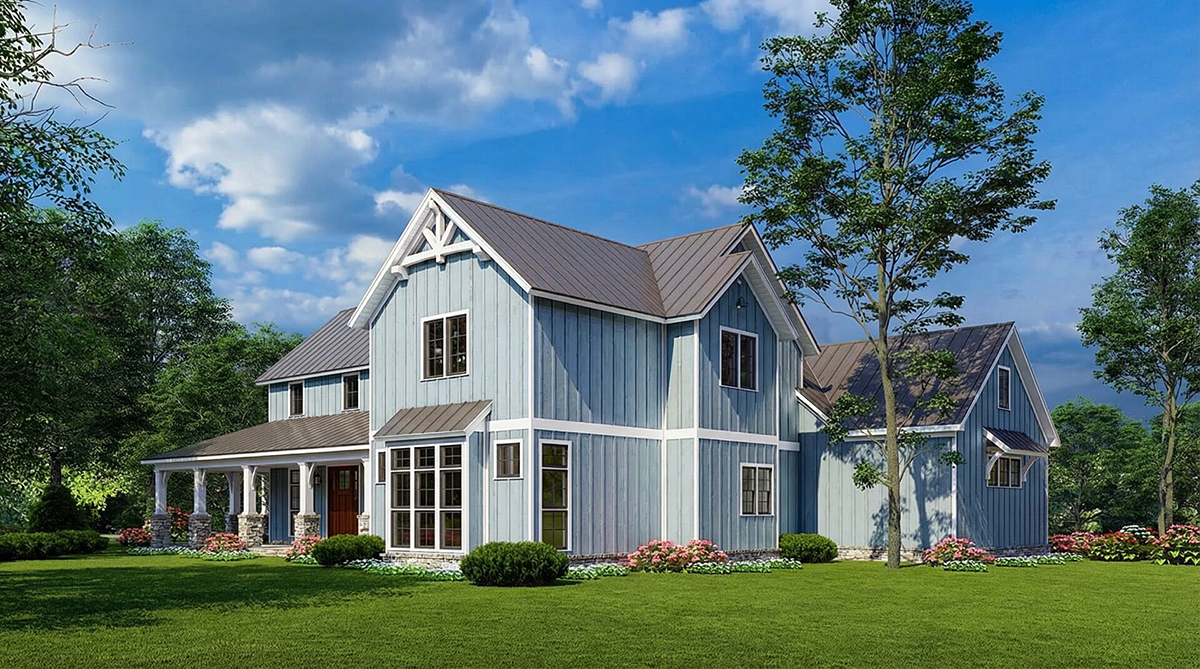 Barndominium, Bungalow, Country, Craftsman, Farmhouse Plan with 3014 Sq. Ft., 3 Bedrooms, 5 Bathrooms, 2 Car Garage Rear Elevation