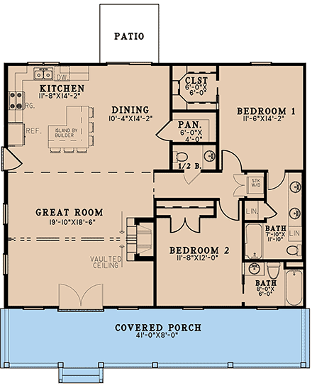 Cabin, Country, Farmhouse, Southern, Traditional House Plan 82659 with 2 Beds, 3 Baths First Level Plan