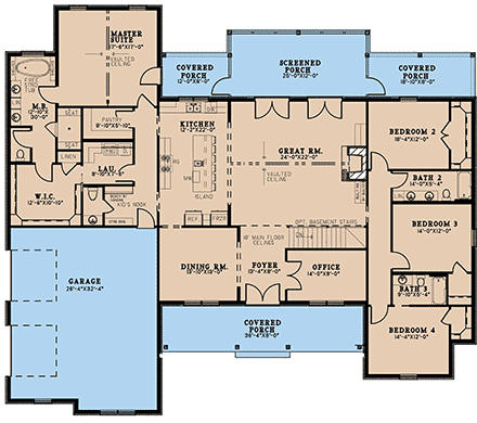 Farmhouse, Traditional House Plan 82679 with 4 Beds, 4 Baths, 2 Car Garage First Level Plan