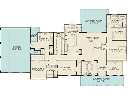 Bungalow, Contemporary, Country, Craftsman, Farmhouse House Plan 82703 with 3 Beds, 3 Baths, 3 Car Garage First Level Plan