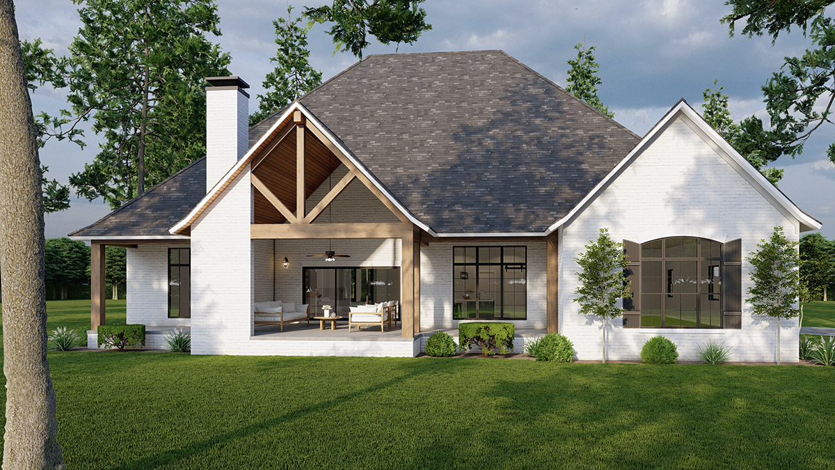 Bungalow, Craftsman, European, French Country, Southern Plan with 2826 Sq. Ft., 3 Bedrooms, 3 Bathrooms, 1 Car Garage Rear Elevation