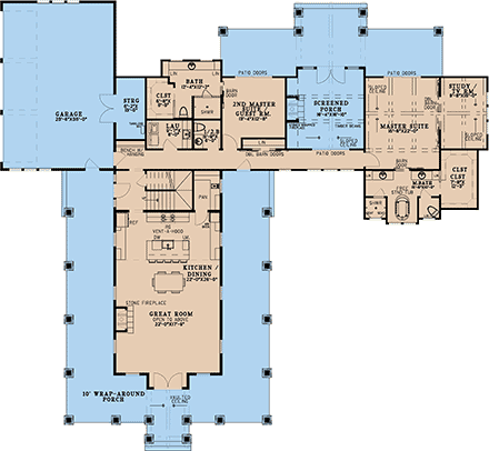 Barndominium, Farmhouse House Plan 82739 with 4 Beds, 6 Baths, 3 Car Garage First Level Plan