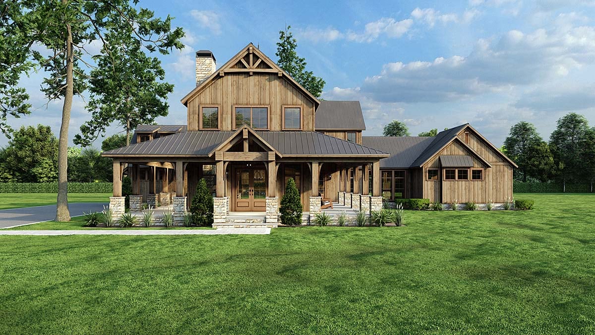 Barndominium, Farmhouse Plan with 3723 Sq. Ft., 4 Bedrooms, 6 Bathrooms, 3 Car Garage Elevation