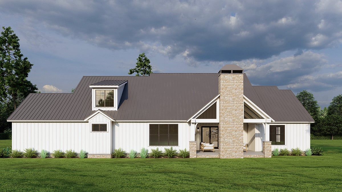 Barndominium, Country, Southern, Traditional Plan with 2679 Sq. Ft., 4 Bedrooms, 4 Bathrooms, 3 Car Garage Rear Elevation
