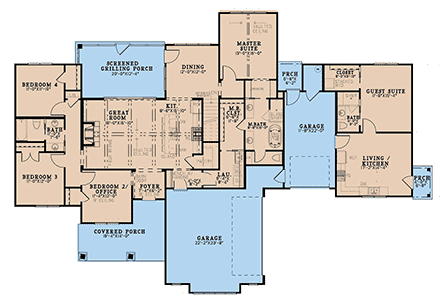 Farmhouse House Plan 82757 with 5 Beds, 3 Baths, 3 Car Garage First Level Plan