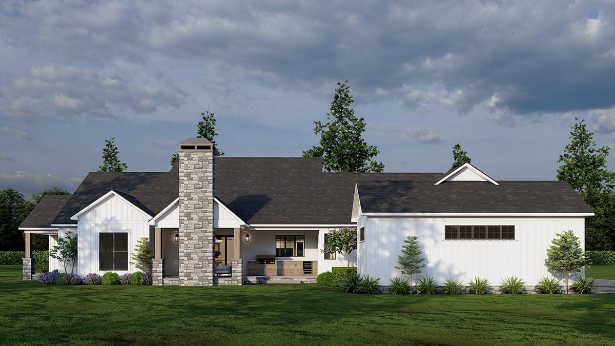 Barndominium, Farmhouse Plan with 2930 Sq. Ft., 4 Bedrooms, 4 Bathrooms, 3 Car Garage Rear Elevation