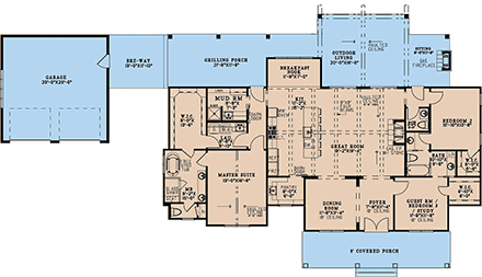 Barndominium, Farmhouse House Plan 82766 with 3 Beds, 3 Baths, 2 Car Garage First Level Plan