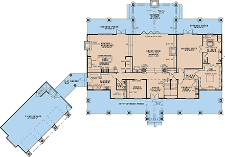 Country, Farmhouse House Plan 82771 with 4 Beds, 5 Baths, 3 Car Garage First Level Plan