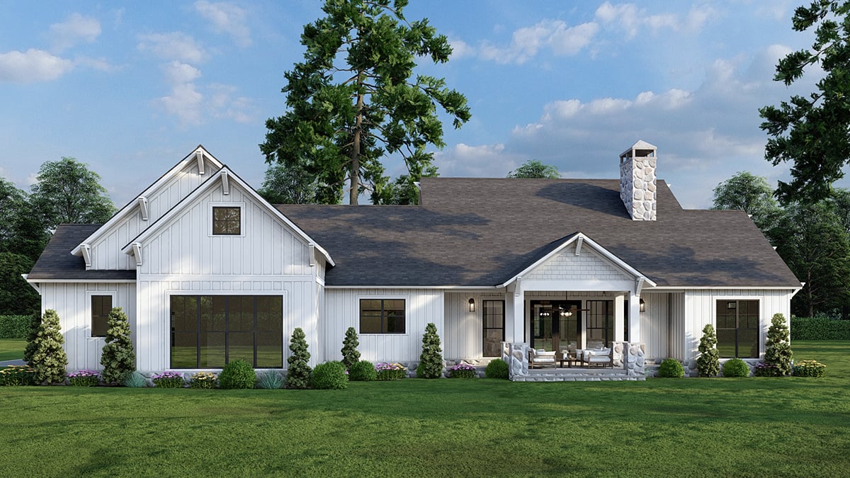 Country, Farmhouse Plan with 2610 Sq. Ft., 3 Bedrooms, 3 Bathrooms, 3 Car Garage Rear Elevation