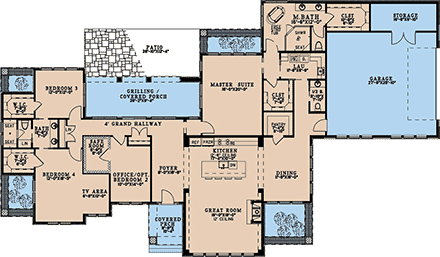 Mediterranean, Modern, Prairie, Ranch House Plan 82785 with 4 Beds, 3 Baths, 2 Car Garage First Level Plan