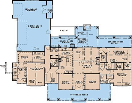 Country, Farmhouse House Plan 82786 with 3 Beds, 4 Baths, 3 Car Garage First Level Plan
