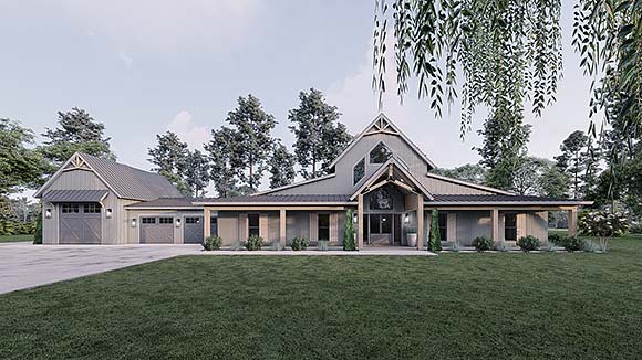 Barndominium, Contemporary, Country, Farmhouse House Plan 82787 with 5 Beds, 4 Baths, 4 Car Garage Elevation