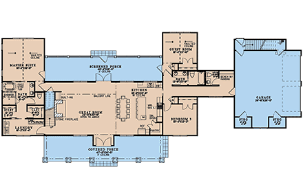 Country, Farmhouse, New American House Plan 82792 with 3 Beds, 4 Baths, 2 Car Garage First Level Plan
