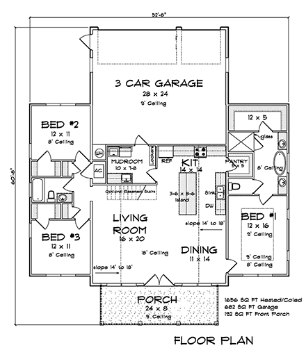 Barndominium, Farmhouse House Plan 82820 with 3 Beds, 2 Baths, 3 Car Garage First Level Plan