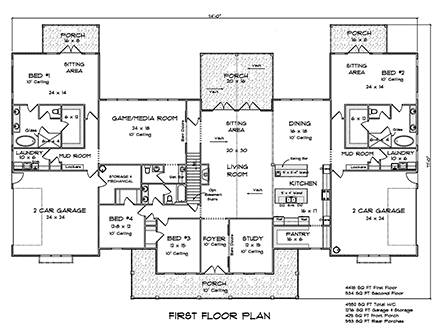 Farmhouse, Traditional House Plan 82821 with 6 Beds, 5 Baths, 4 Car Garage First Level Plan