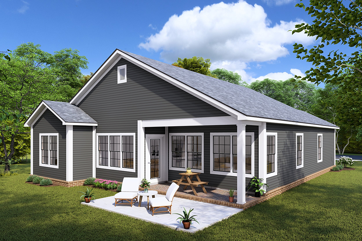 Cottage, Country, Traditional Plan with 1400 Sq. Ft., 3 Bedrooms, 2 Bathrooms, 2 Car Garage Rear Elevation