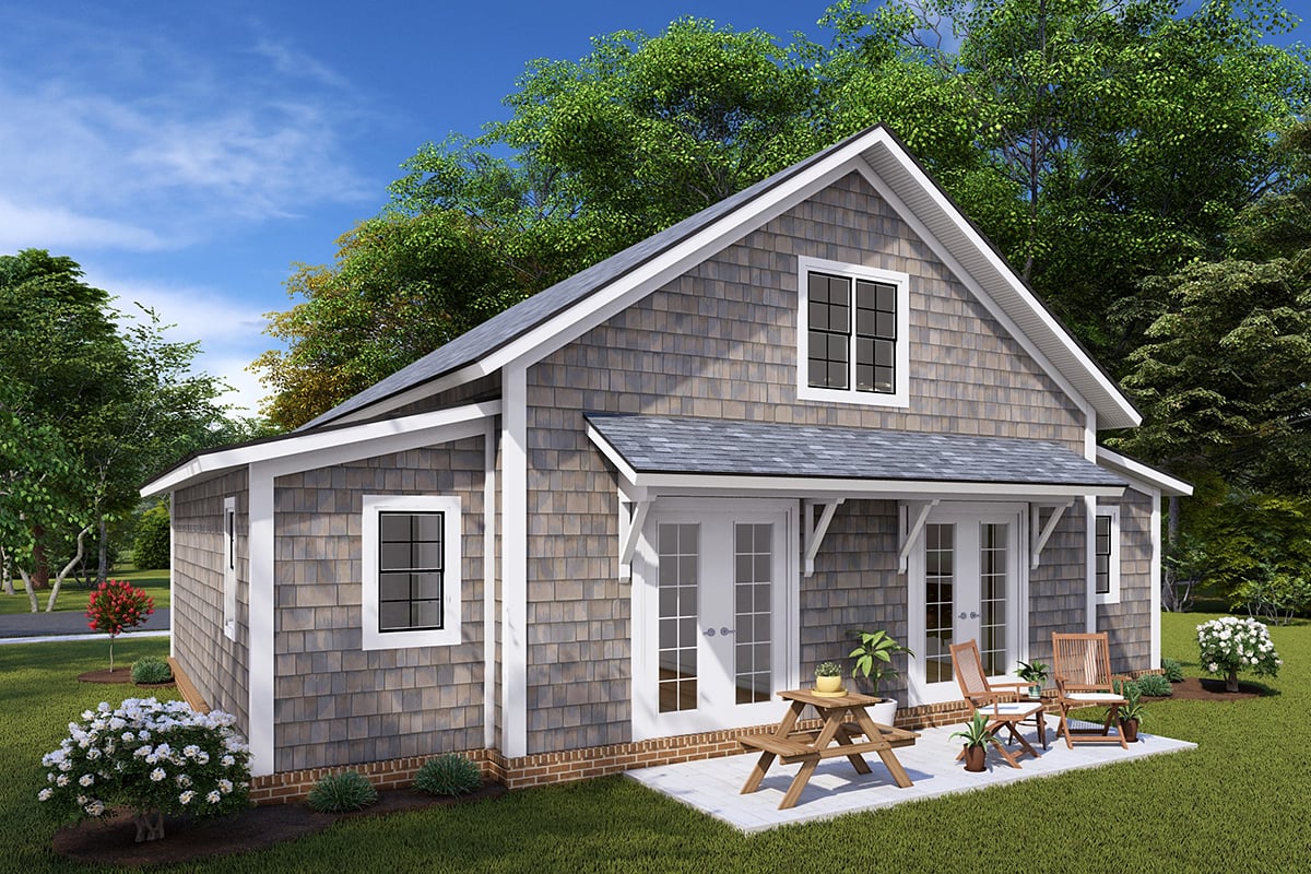 Barndominium, Cabin, Cottage Plan with 1049 Sq. Ft., 2 Bedrooms, 2 Bathrooms Rear Elevation