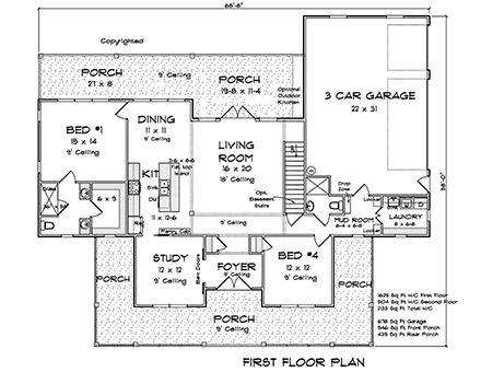Cottage, Farmhouse, Traditional House Plan 82839 with 4 Beds, 3 Baths, 3 Car Garage First Level Plan