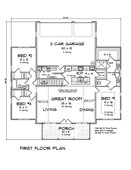 Barndominium, Farmhouse House Plan 82849 with 3 Beds, 2 Baths, 3 Car Garage First Level Plan