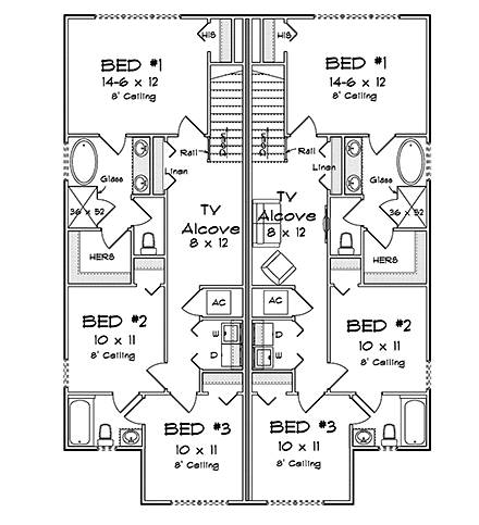Traditional Multi-Family Plan 82859 with 6 Beds, 6 Baths, 2 Car Garage Second Level Plan