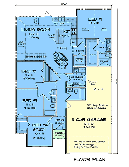 Contemporary, Traditional House Plan 82876 with 4 Beds, 3 Baths, 3 Car Garage First Level Plan