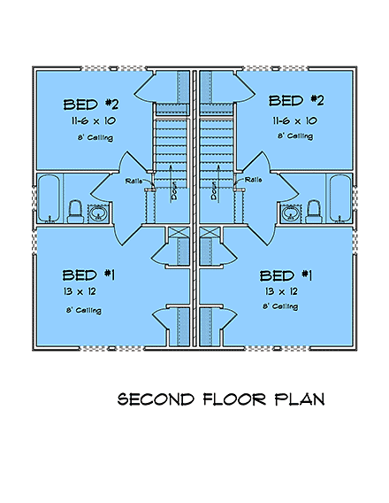 Cottage, Traditional Multi-Family Plan 82891 with 4 Beds, 2 Baths Second Level Plan
