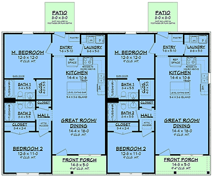 Country, Farmhouse, Traditional Multi-Family Plan 82955 with 4 Beds, 4 Baths First Level Plan